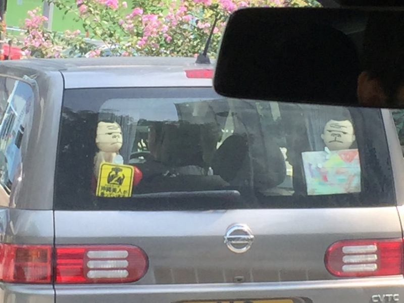 The yellow placard translates to “Okinawa babe on board”........not kidding.